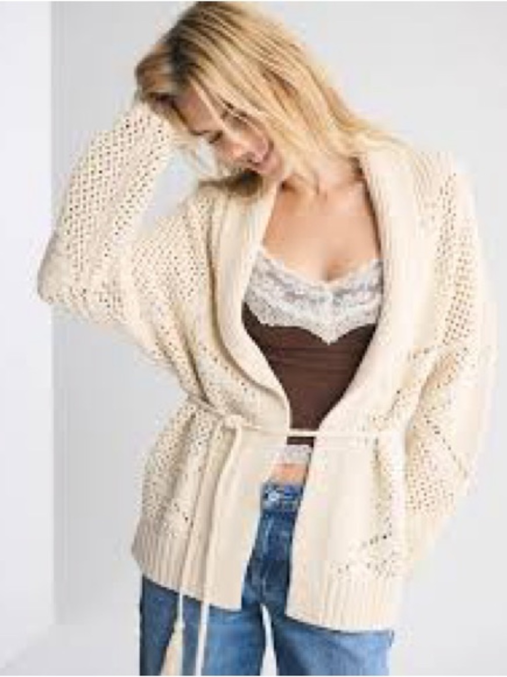 Abercrombie & Fitch Cream Open-Weave Belted Cardigan cozy cabin lounge large